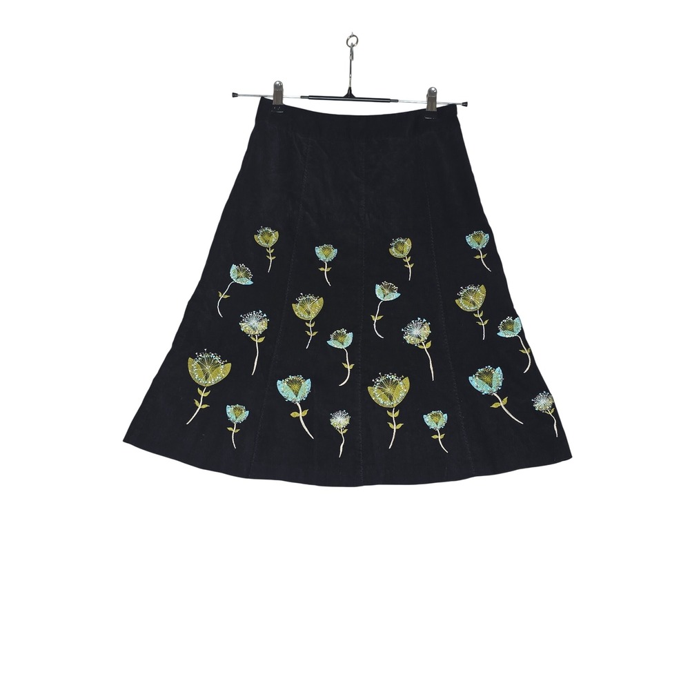 Laura Ashley Y2K Black Corduroy Floral Embroidered A-Line Midi Skirt  SzSm/4